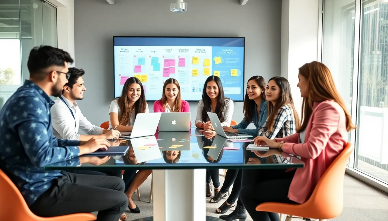 team collaborating on app development in a modern office.