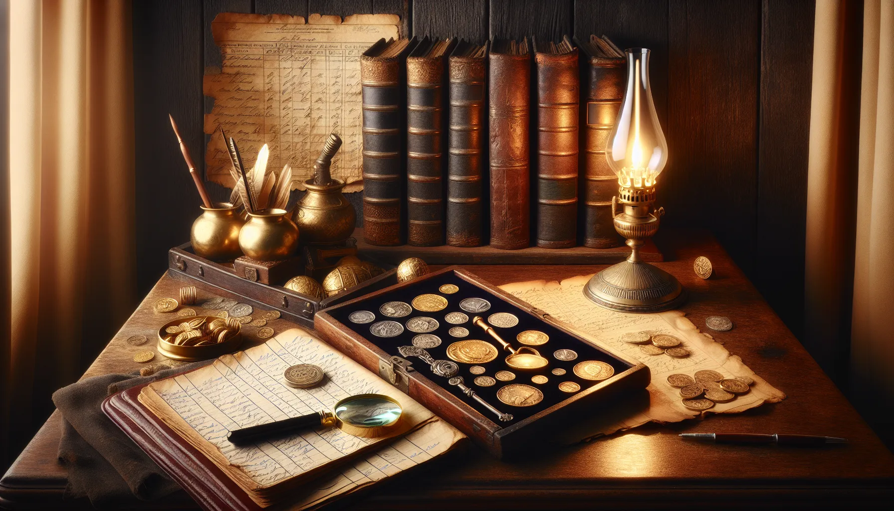 A desk with coins and historical items representing the value of precious metals.