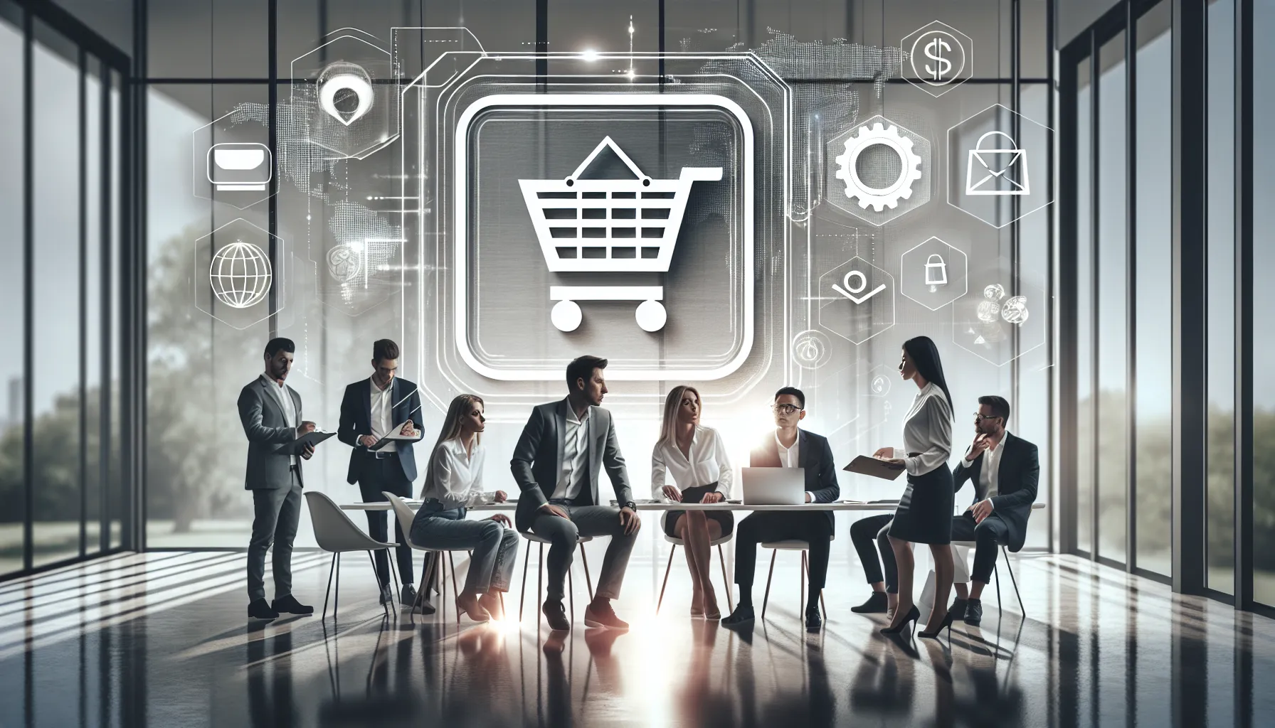 Lazada's white logo with diverse professionals in a modern office.