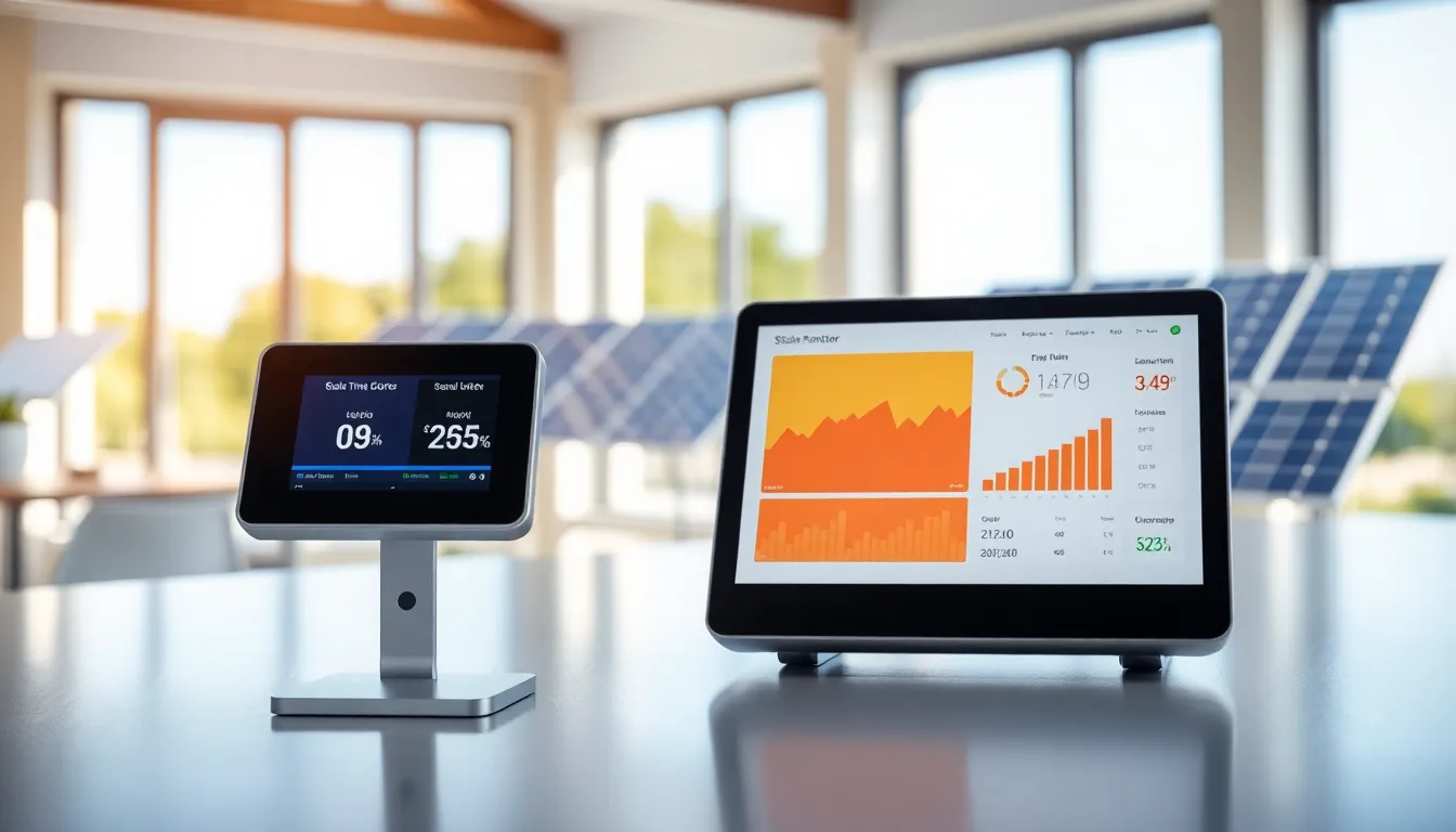 A solar monitor gadget displaying energy metrics on a modern desk.