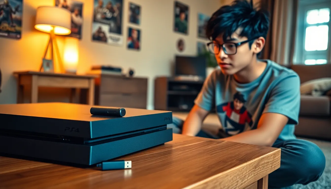 A young gamer preparing a PS4 update using a USB drive in a cozy room.