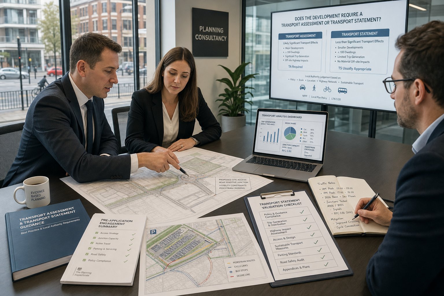 UK consultants reviewing transport planning documents in a modern office.