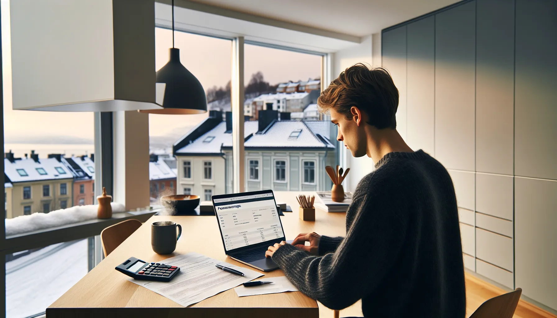 Norwegian first-time buyer reviews financing proof and budget at a kitchen table.