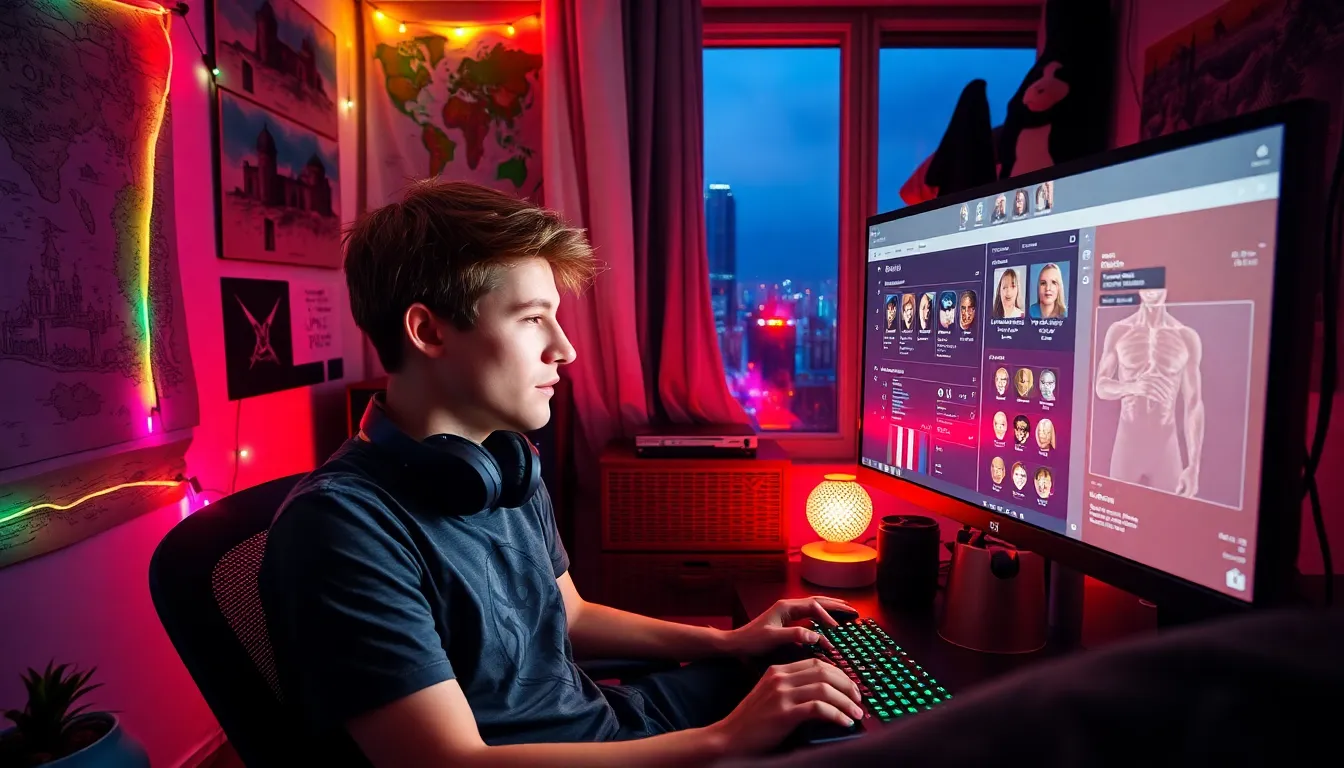 a gamer creating characters in a gaming room with a computer screen.