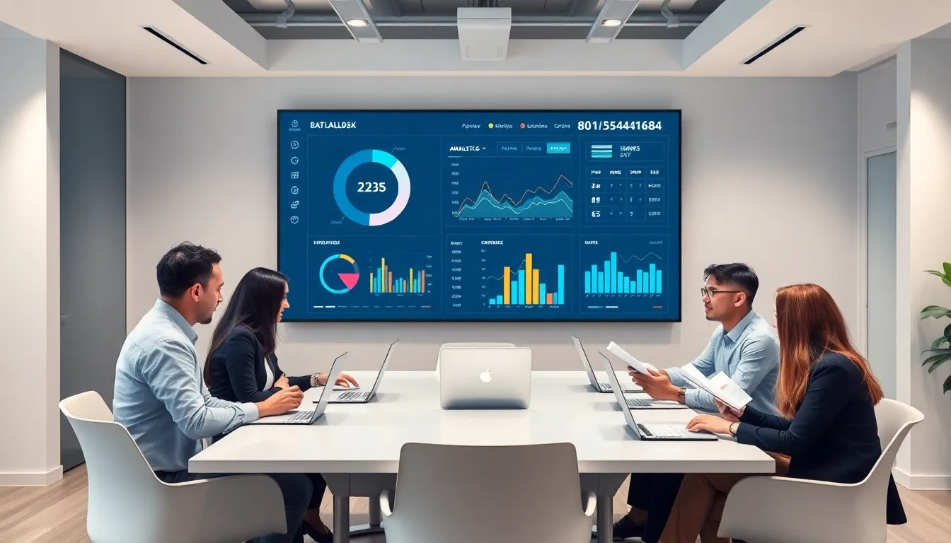 professionals collaborating around a digital dashboard in a modern office.