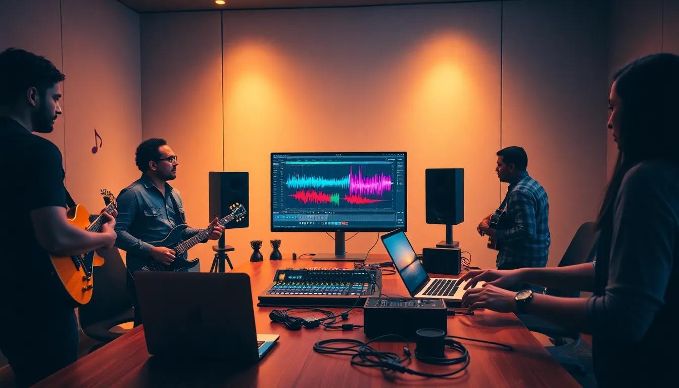 musicians collaborating in a modern studio for pop music production.