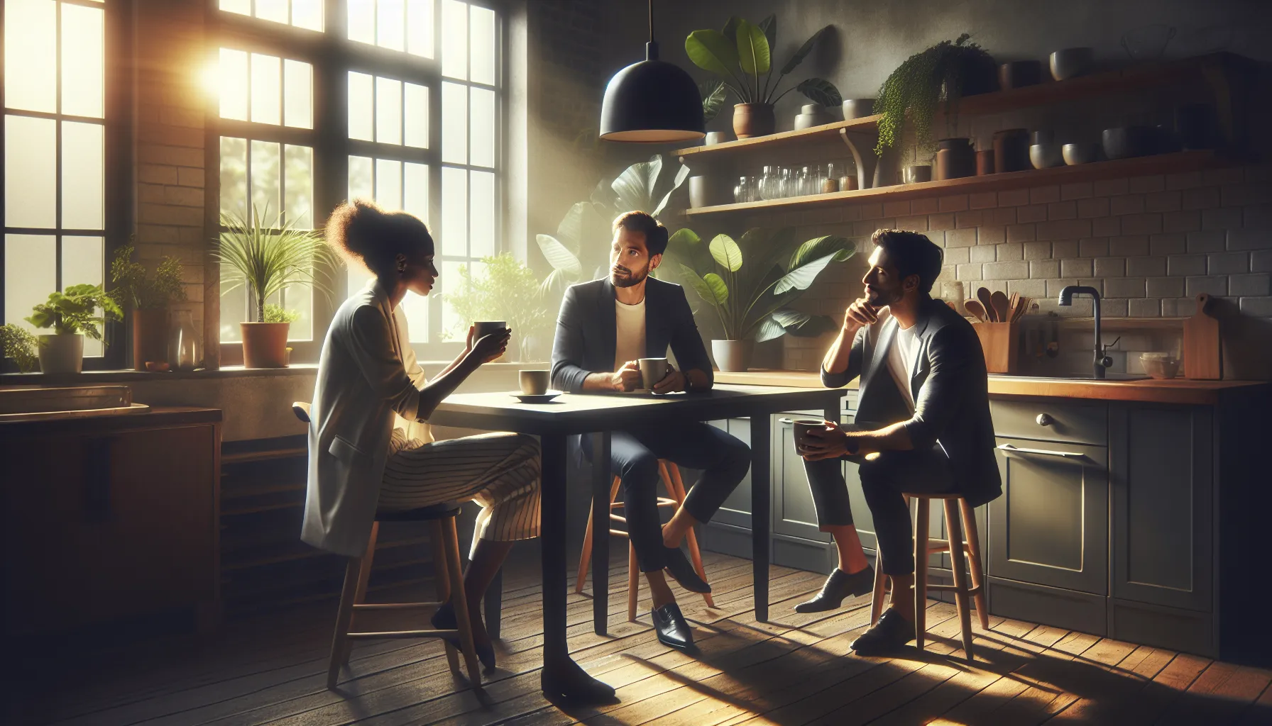 professionals enjoying coffee and conversation in a modern kitchen.