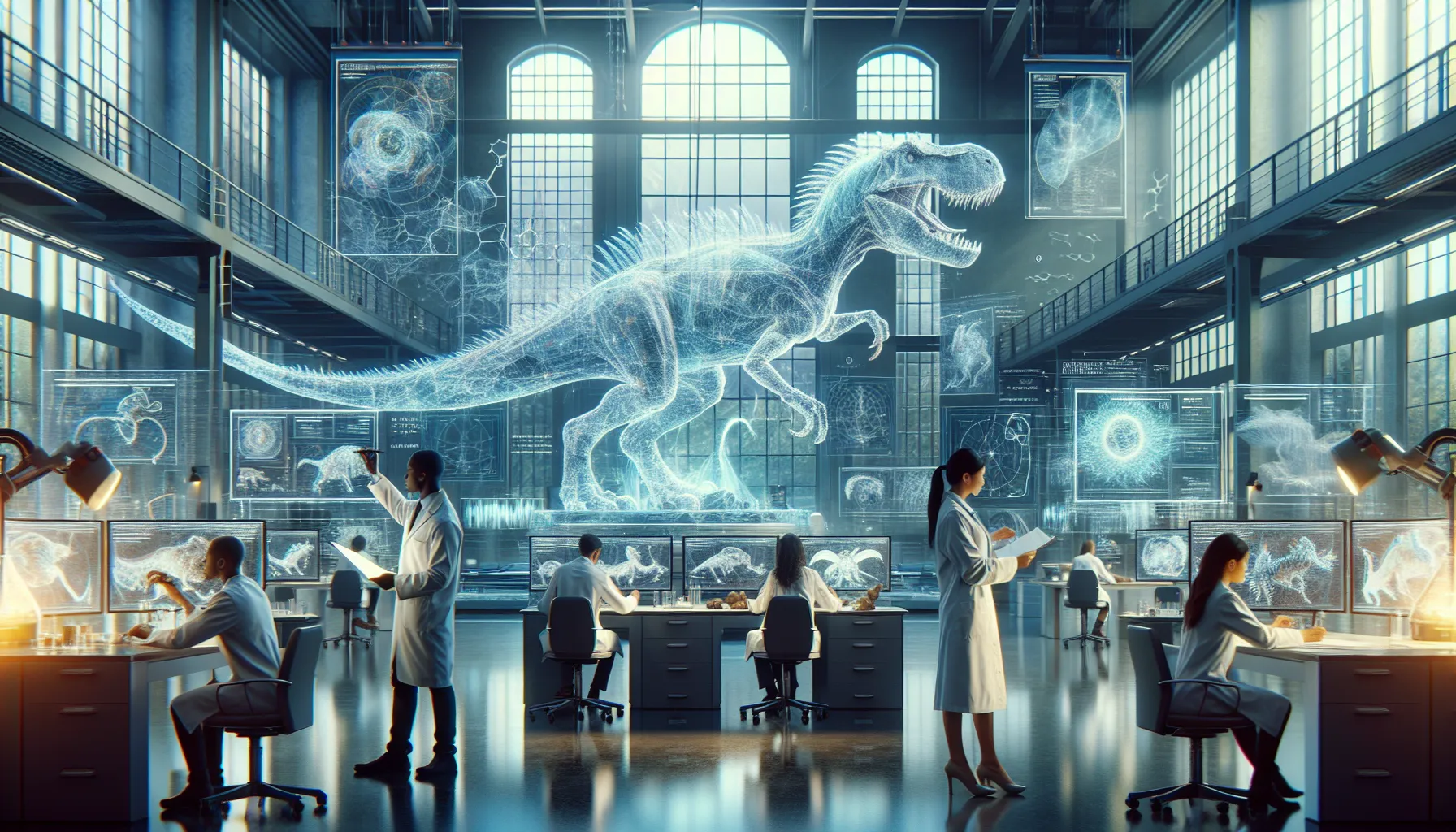 team of scientists exploring the myth of the Cancasaur in a modern lab.