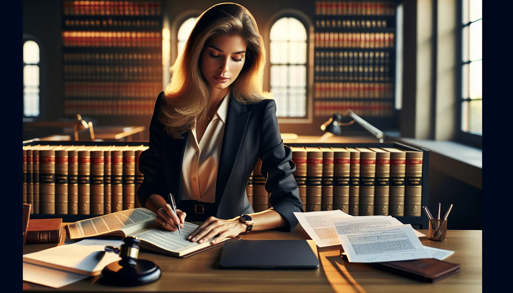 Woman organizing legal documents at desk in modern law office