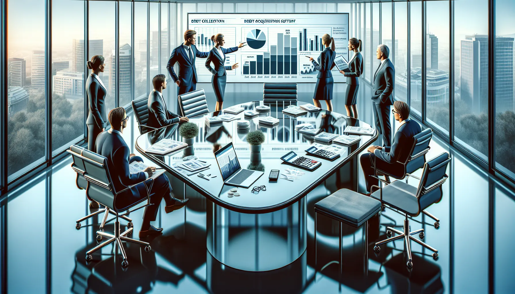 Business professionals discussing debt collection services in modern office setting