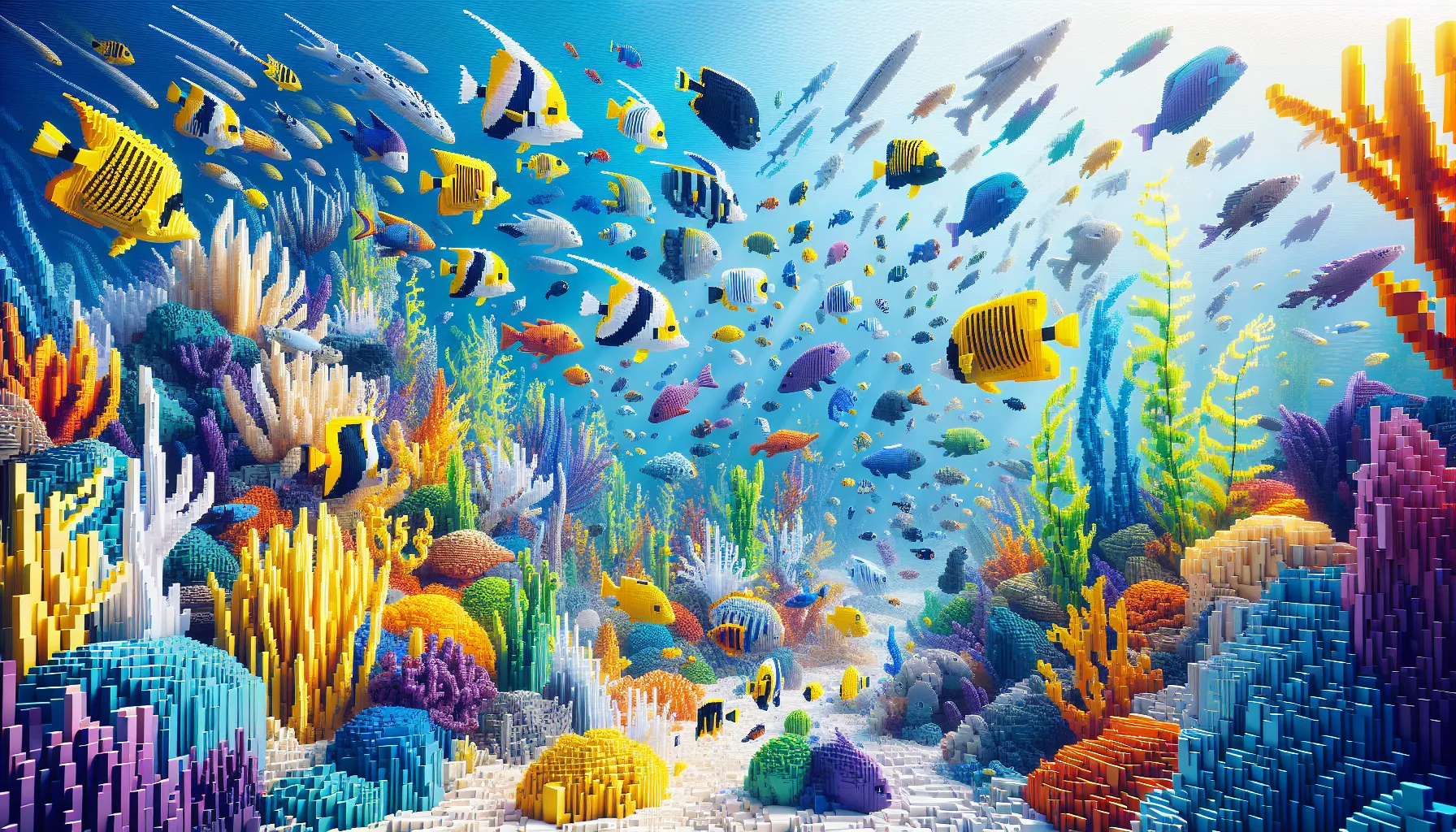colorful tropical fish swimming in a Minecraft coral reef.