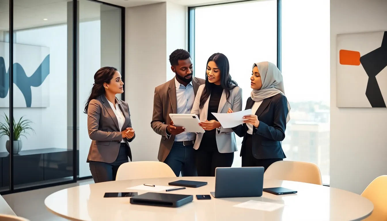diverse professionals discussing concepts in a modern office.