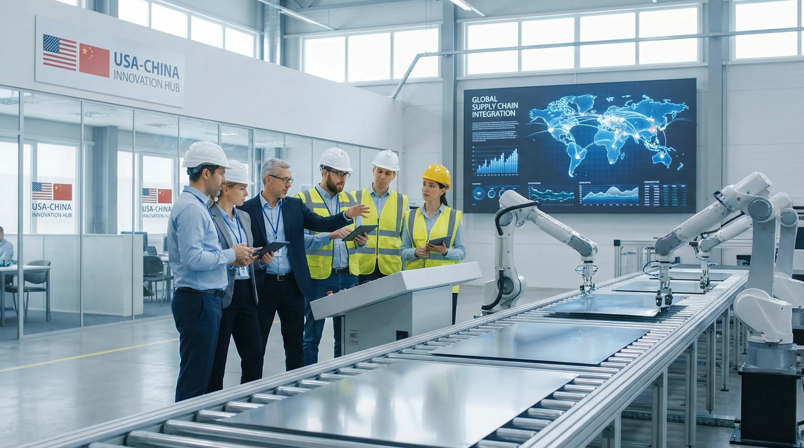 Diverse engineers monitor advanced sheet metal fabrication in a modern factory setting.