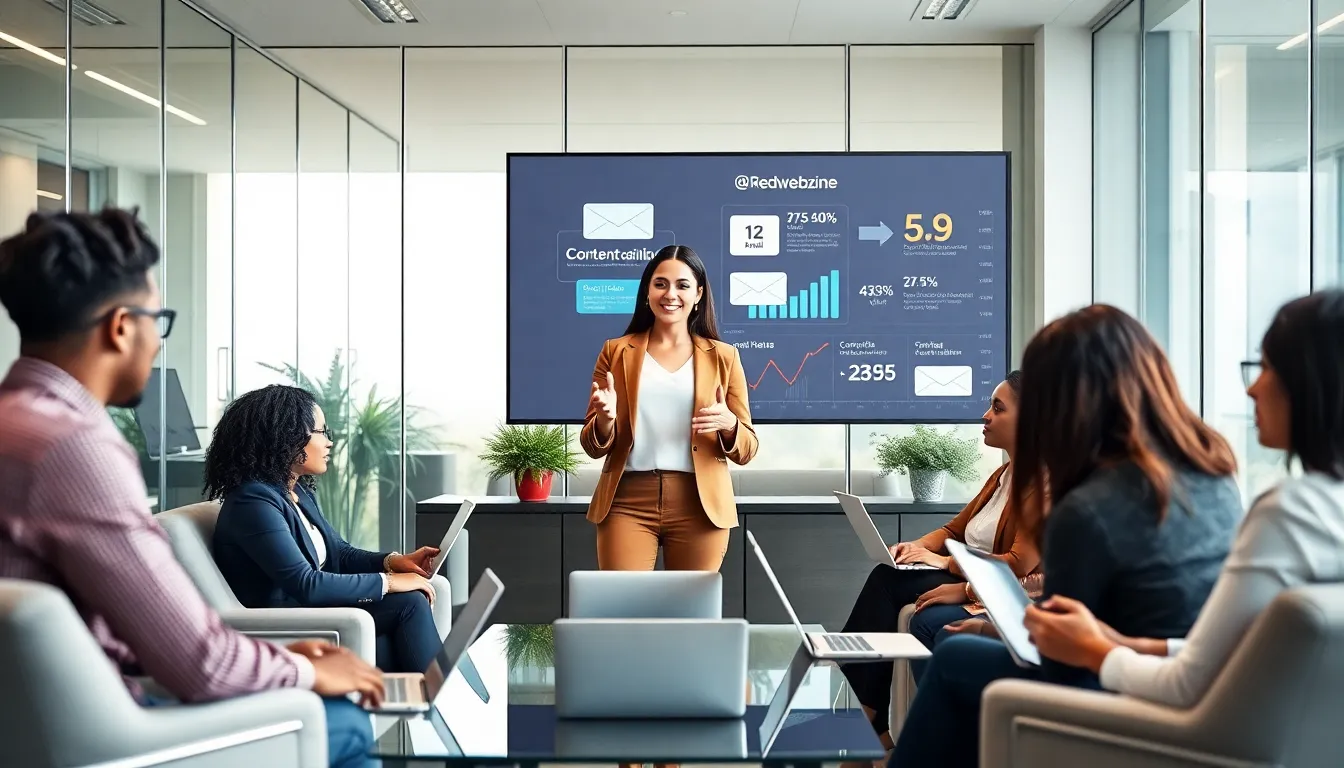 professionals discussing email communication in a modern office setting.