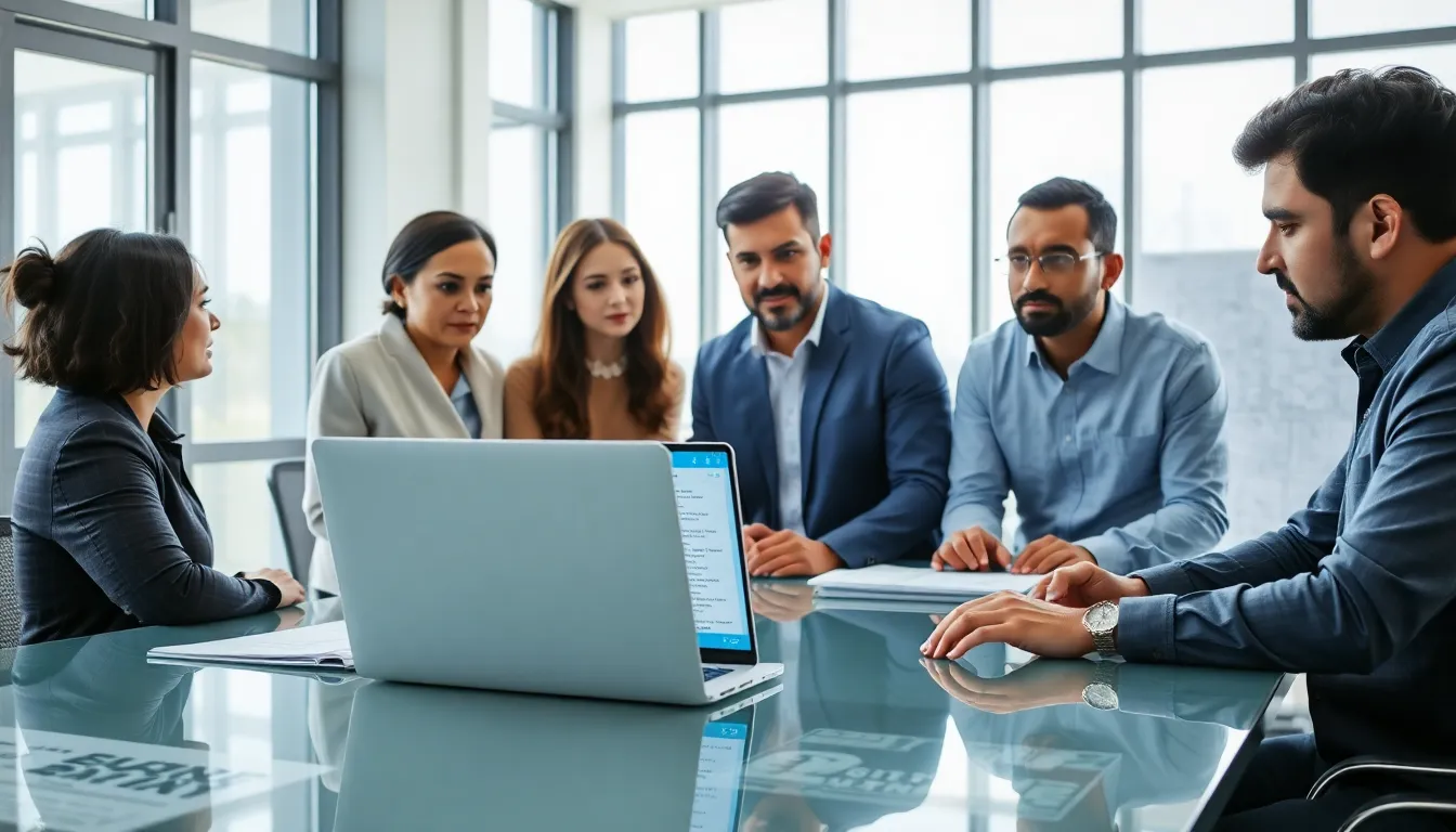 diverse team reviewing punch list software in a modern office.