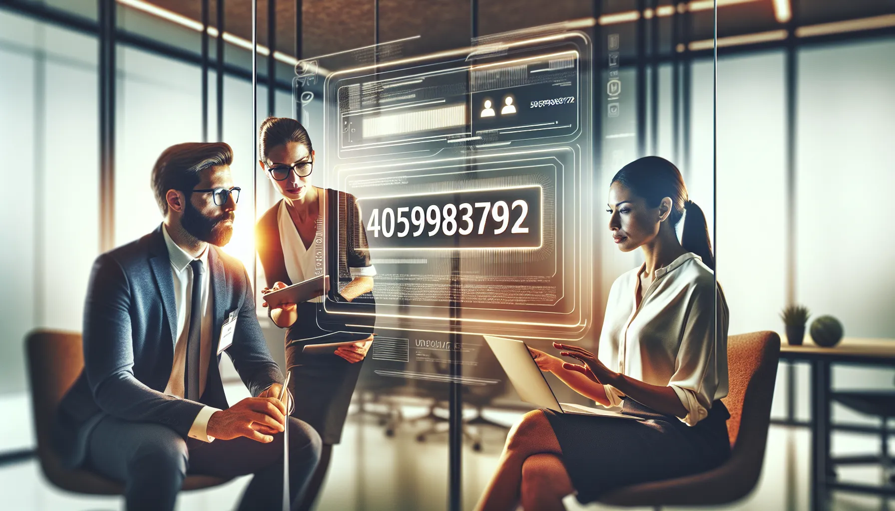 diverse professionals discussing a digital identifier in a modern office.