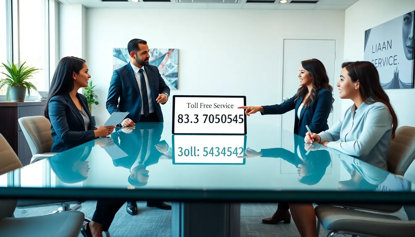 business team discussing a toll-free number in a modern office.
