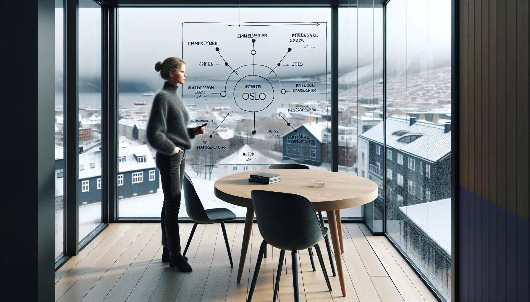 Hvordan integrere seo i innholdsmarkedsføring 3 Norwegian marketer mapping seo-content strategy on a glass wall in oslo office.