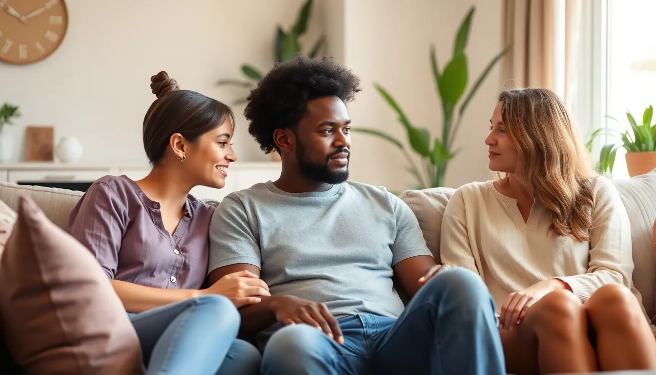 friends supporting each other in a cozy living room setting.
