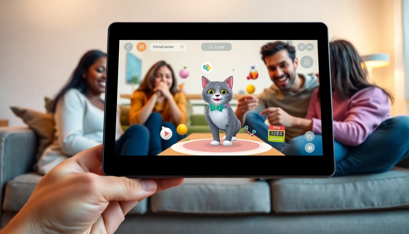 people engaging with the VirtualKittyX pet platform in a cozy living room.