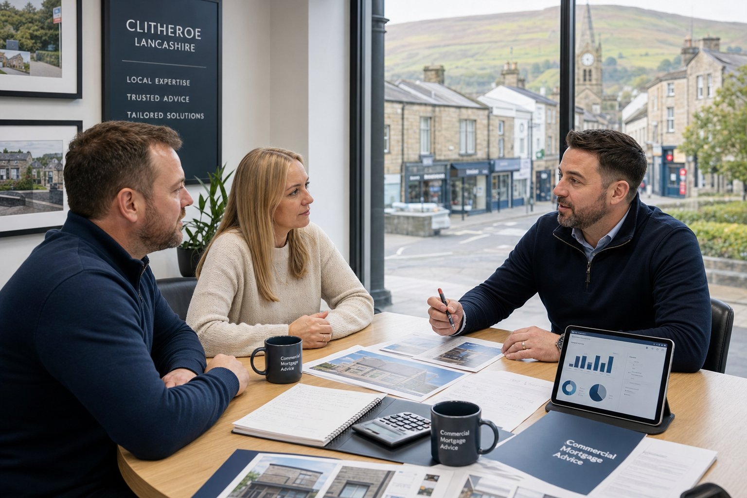 Commercial mortgage adviser meeting business clients in a bright modern office, reviewing property and finance documents with a subtle Clitheroe town and countryside view outside.