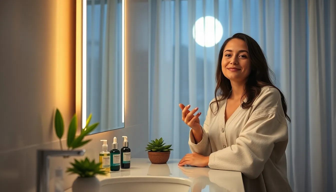 woman applying skincare products in a calming bathroom at night.