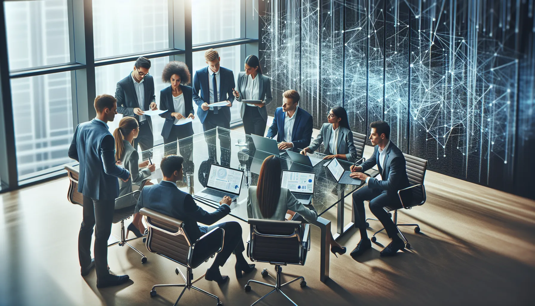 diverse professionals collaborating in a modern office setting.