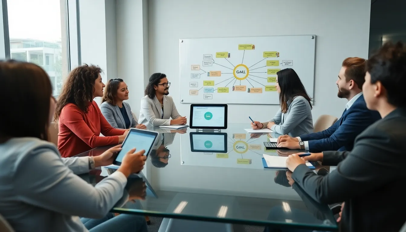 professionals collaborating on goal setting frameworks in an office.