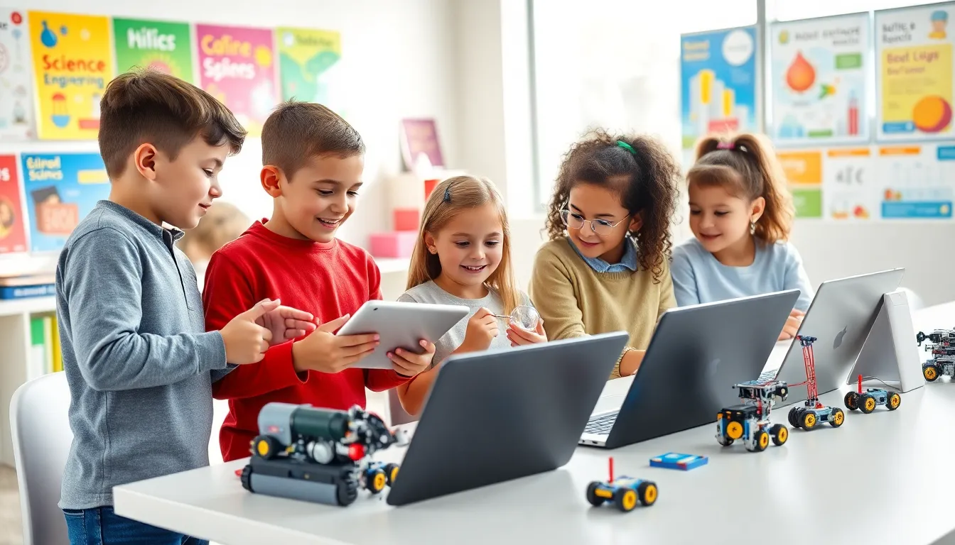 Children engaged in STEM learning with tablets in a bright classroom.
