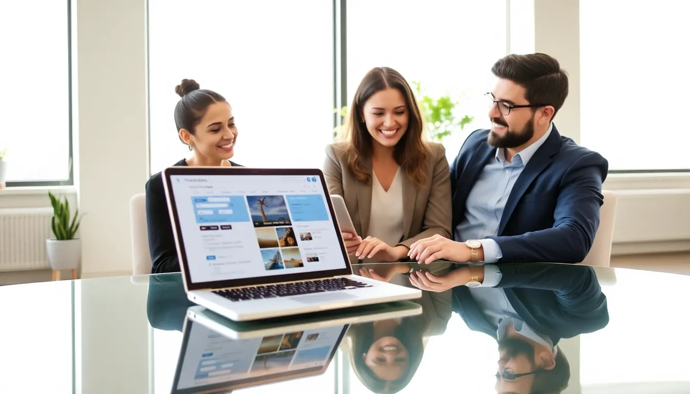 diverse team discussing travel planning at a modern workspace.