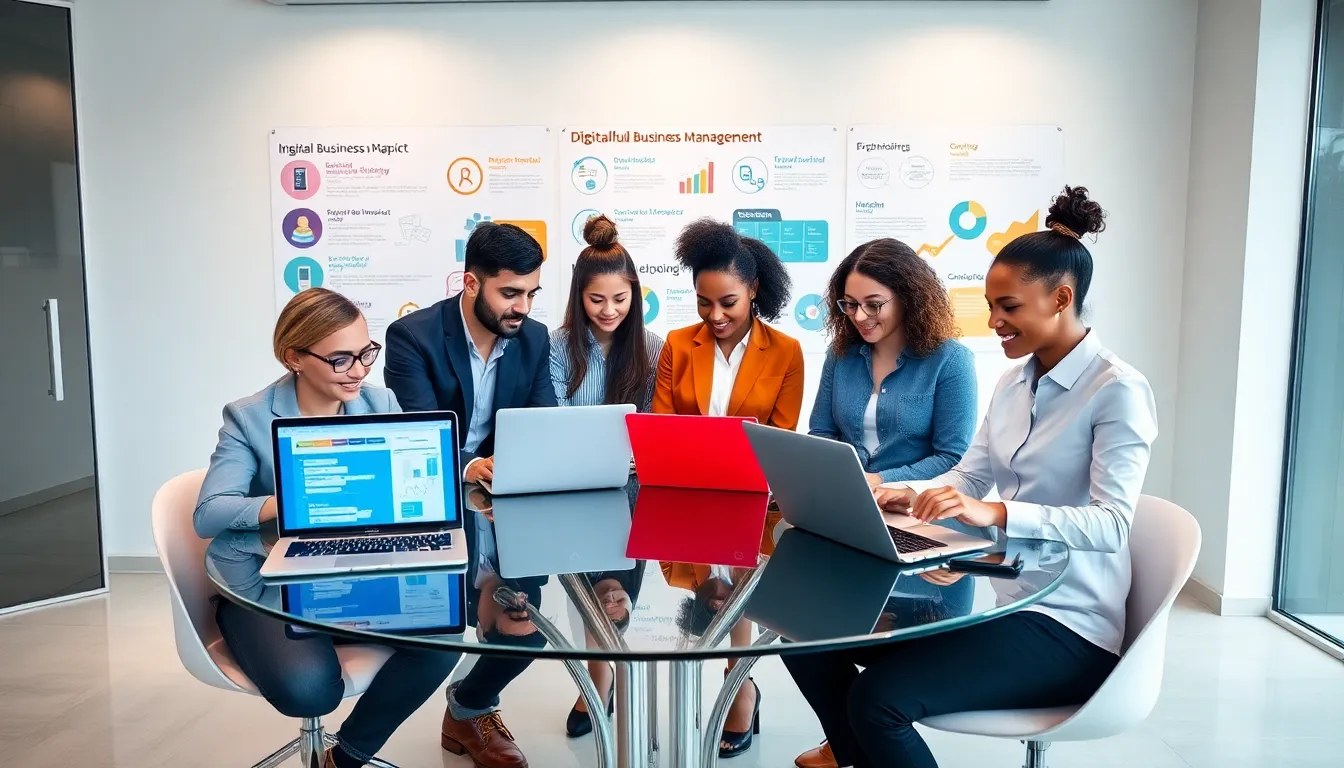 diverse team collaborating on software applications in a modern office.