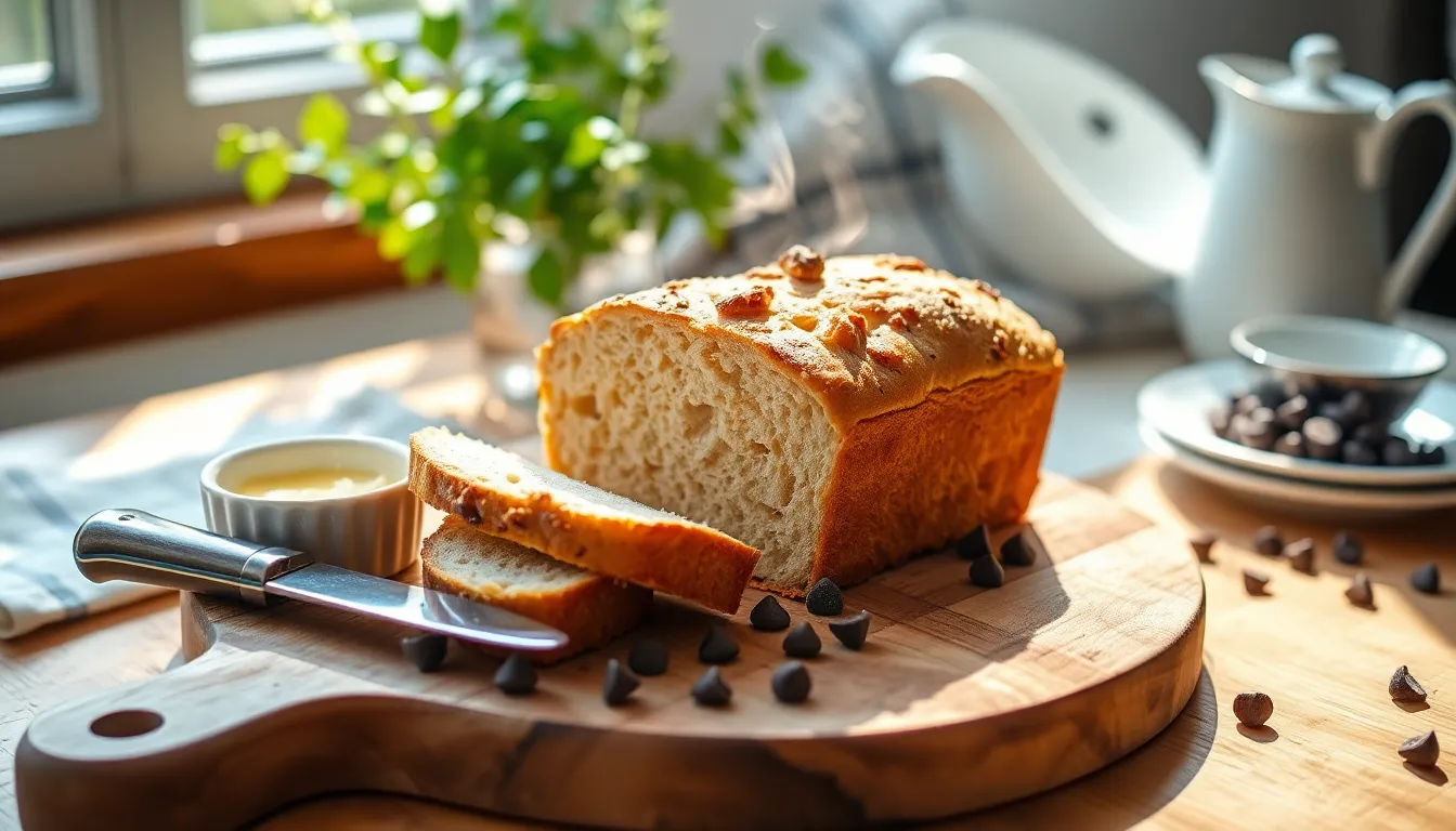 freshly baked CookiesForLove Bread on a wooden board with butter and chocolate chips.