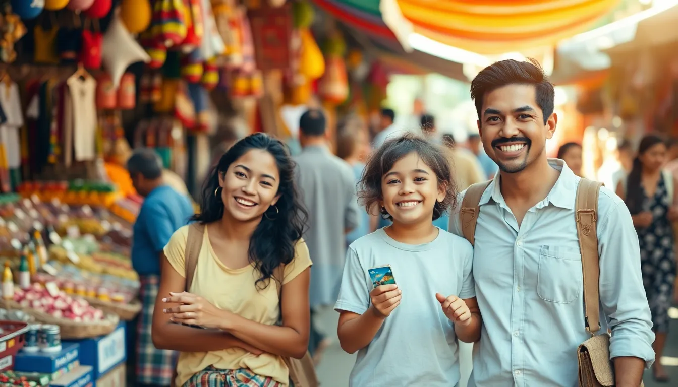 family exploring a vibrant market while traveling together.