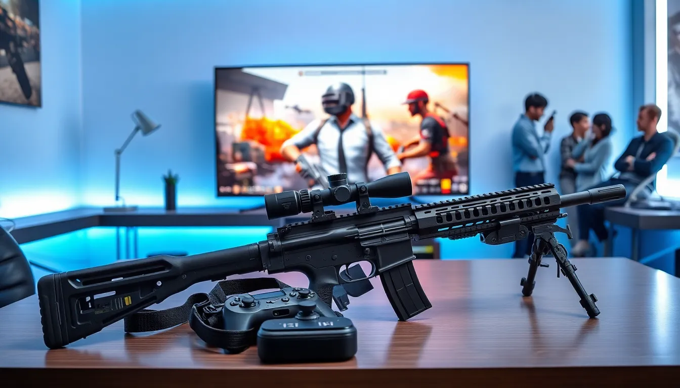 display of top weapons in a PUBG Mobile gaming setup.