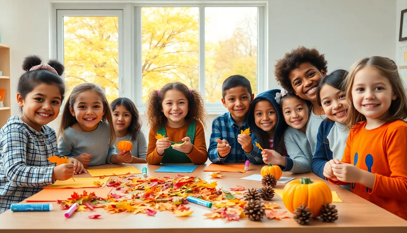 children engaged in fall craft activities in a colorful classroom setting.