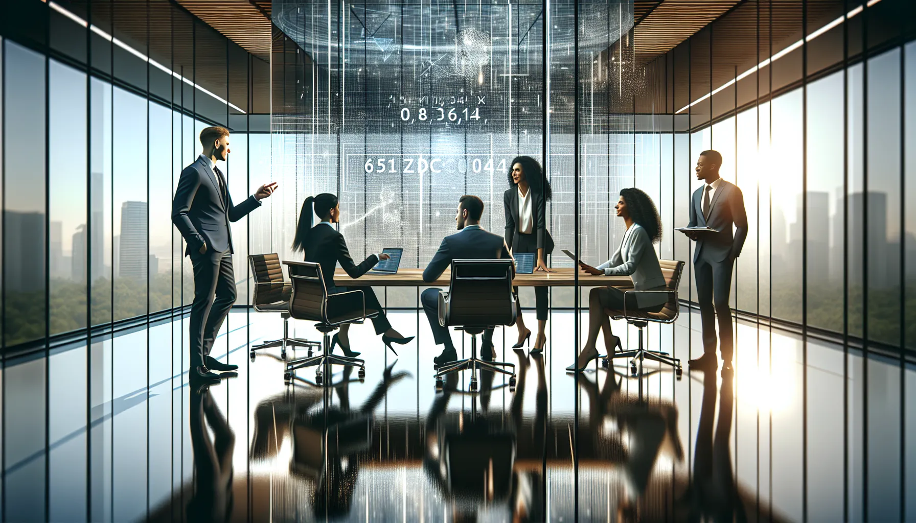 diverse team discussing technology in a modern office.