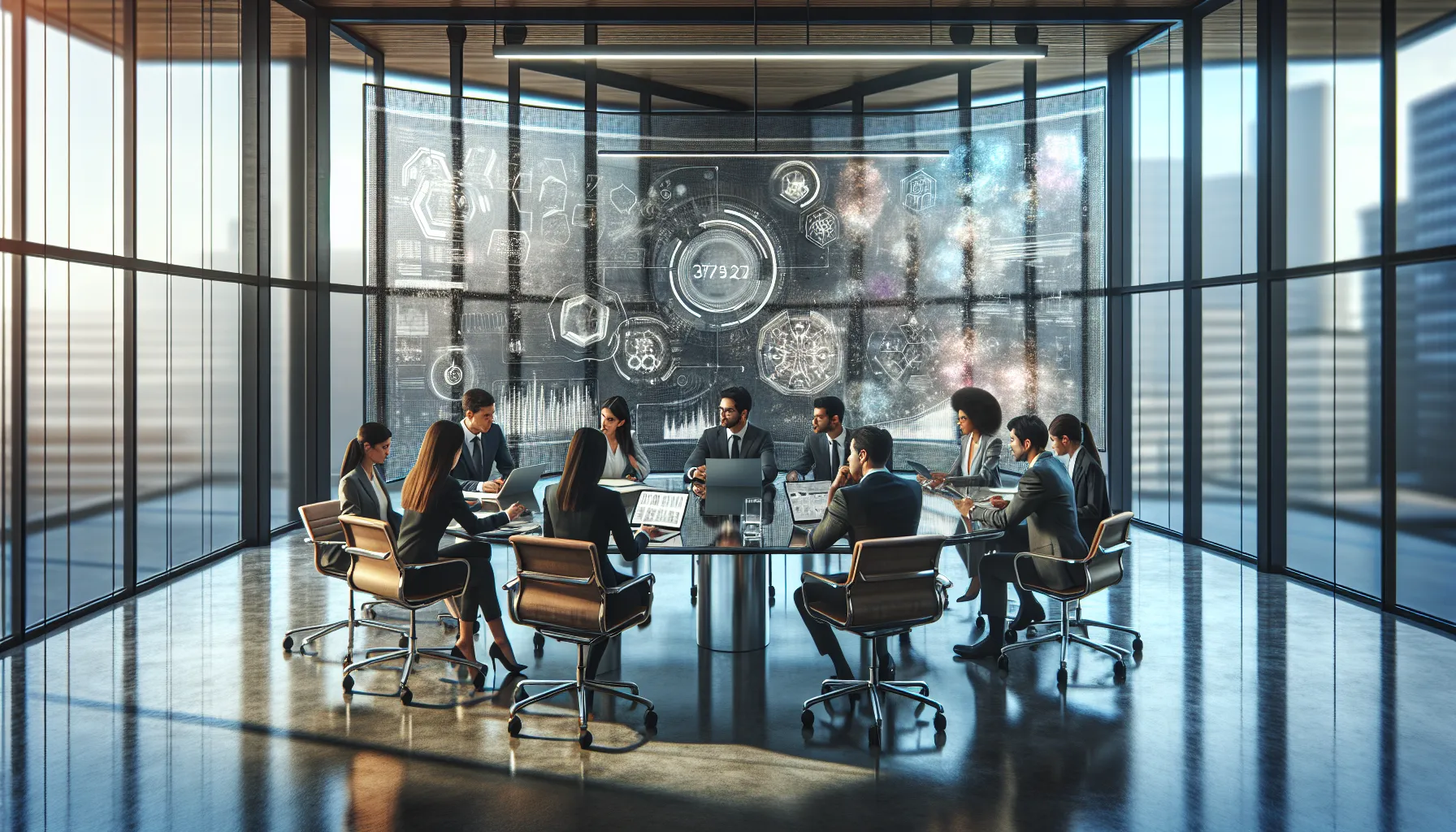 professionals collaborating in an office with the number 3274390427 displayed.