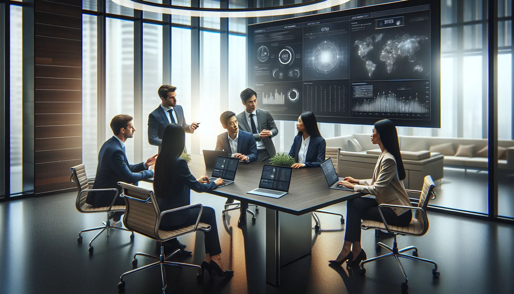 diverse team discussing telecommunications data in a modern office.
