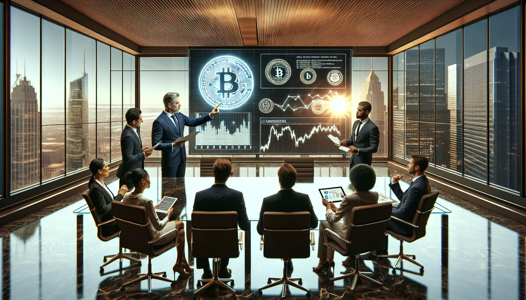 Institutional investors reviewing Bitcoin regulatory documents in a modern American boardroom.