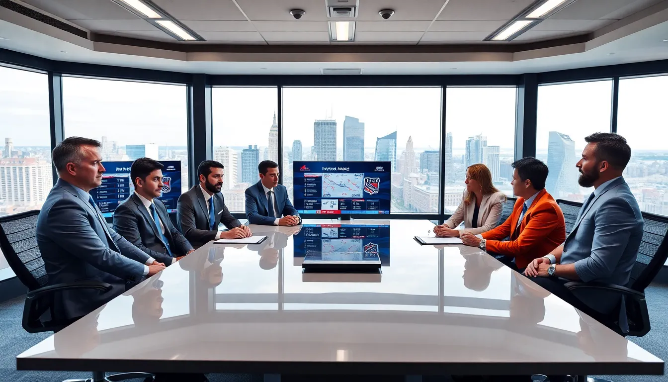 NHL analysts discussing recent trades and injuries in a modern office setting.