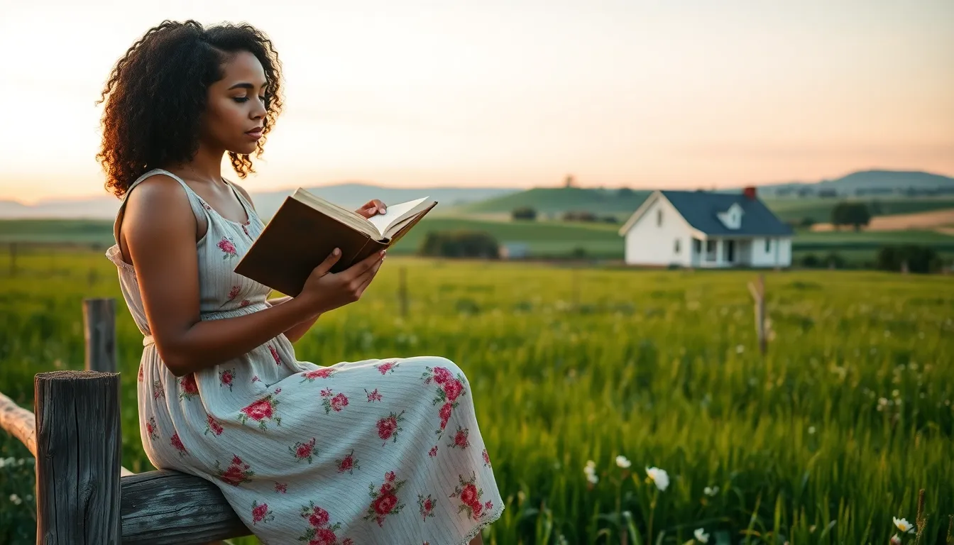 a young woman reading by a rustic fence in a rural setting at dawn.