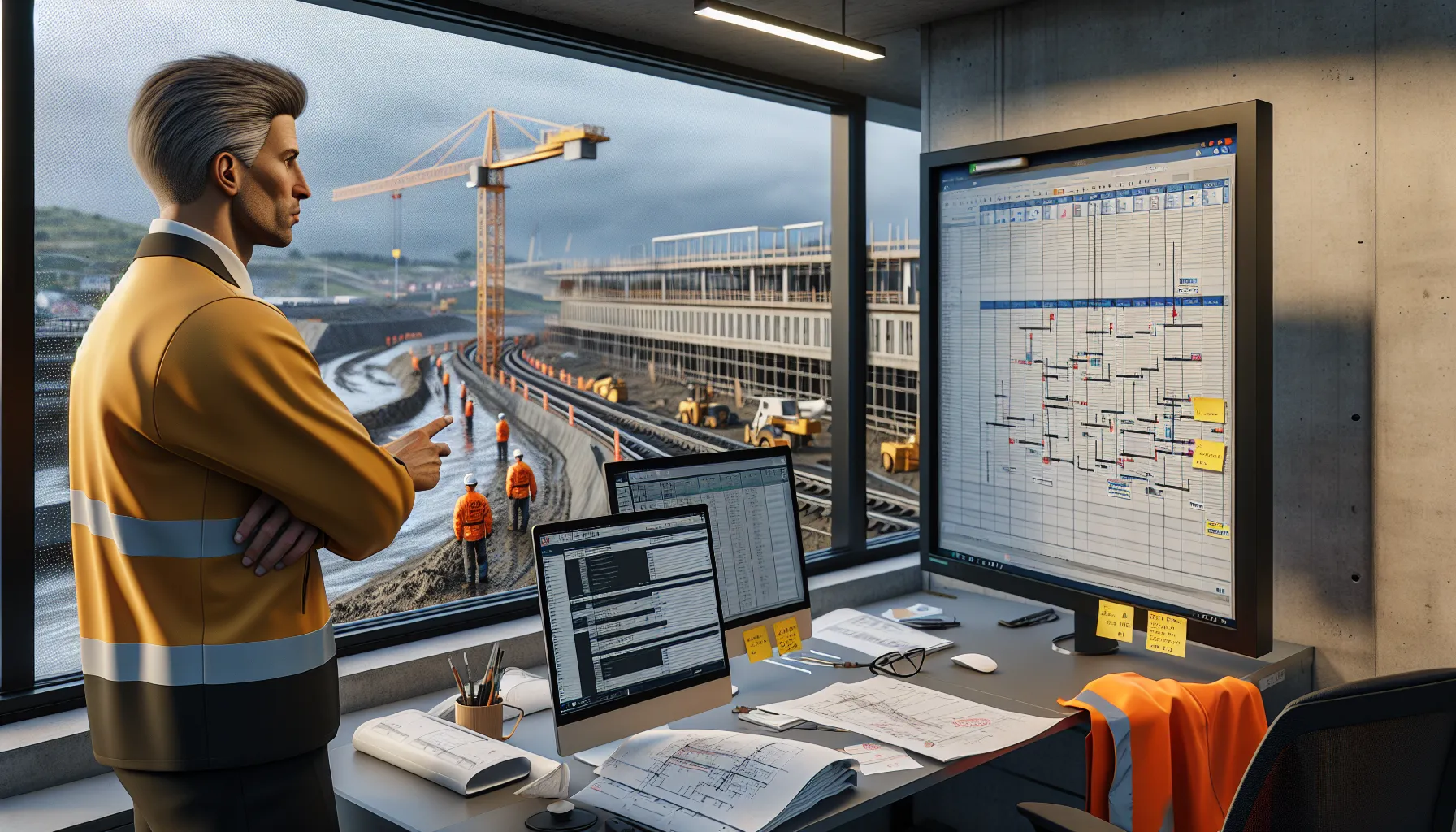 Norwegian construction team reviewing a project schedule and risk checklist on-site.