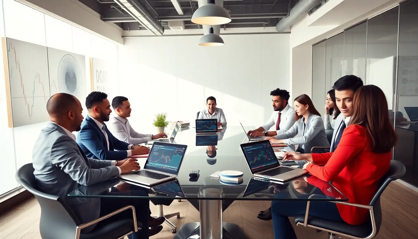 Diverse team collaborating on cryptocurrency strategies in a modern office.
