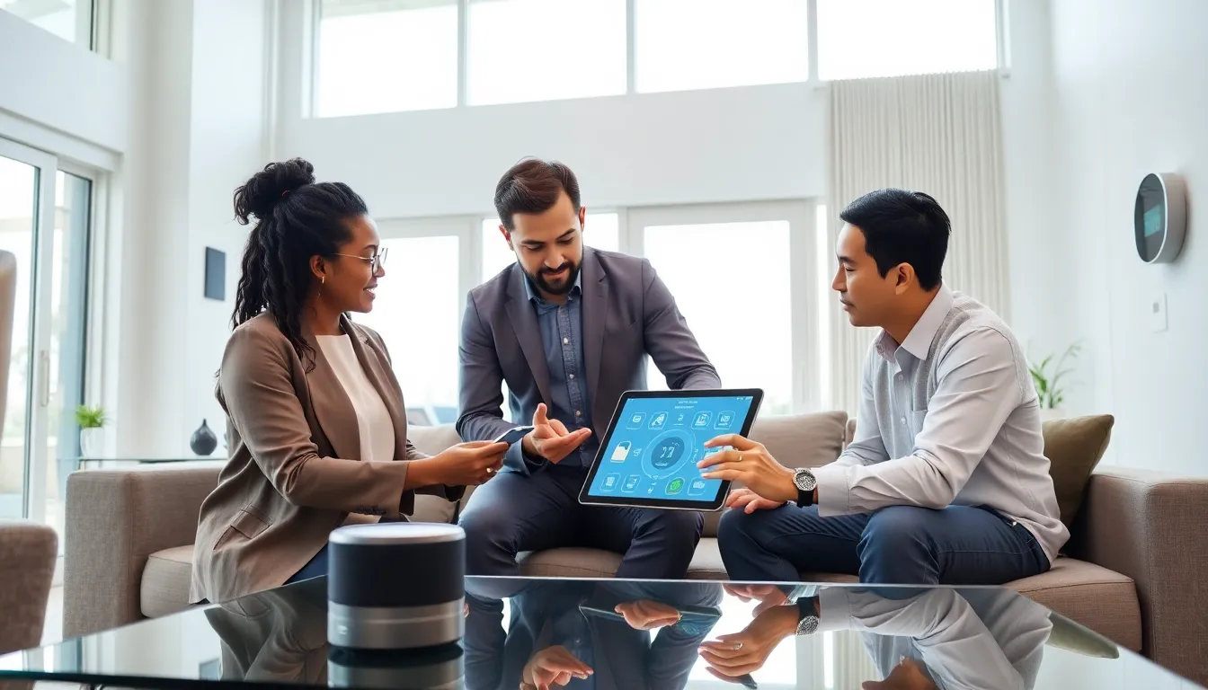 diverse team discussing smart home technology in a modern living room.