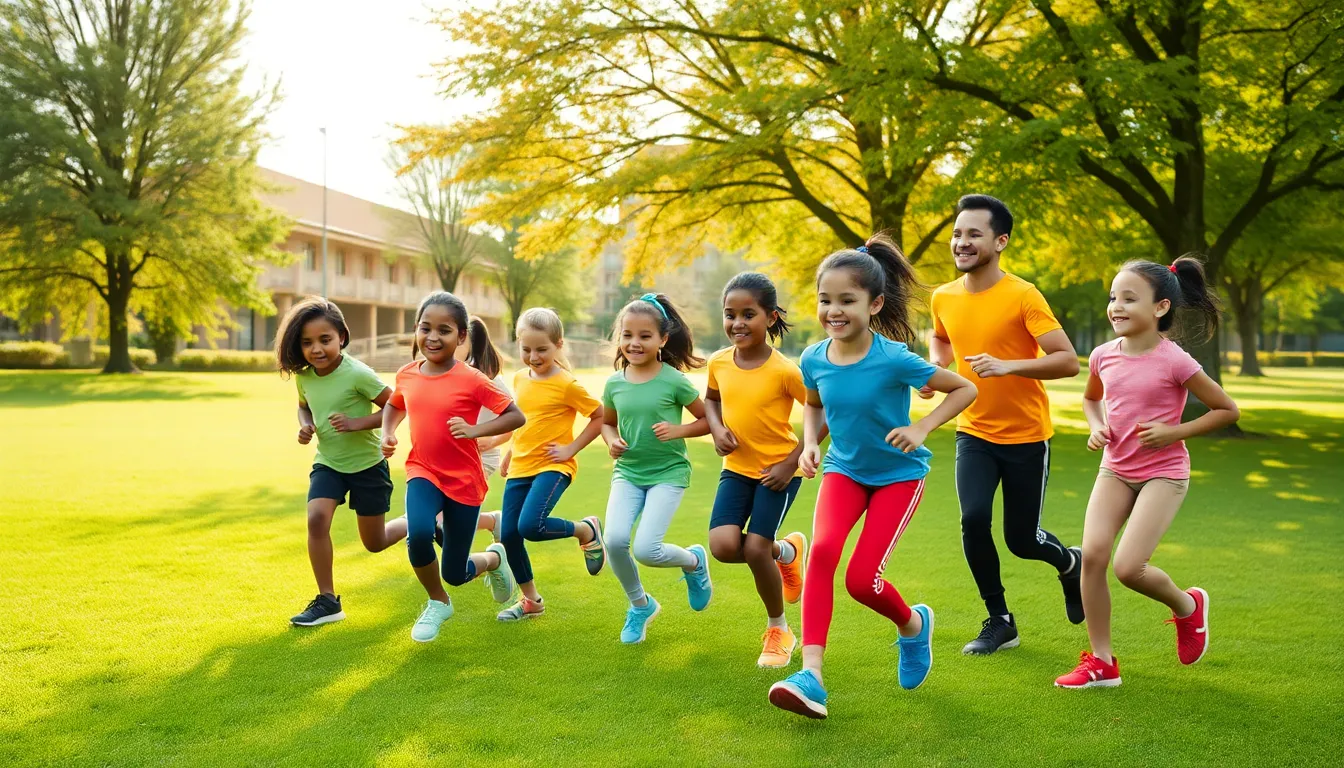 children participating in youth fitness training outdoors.