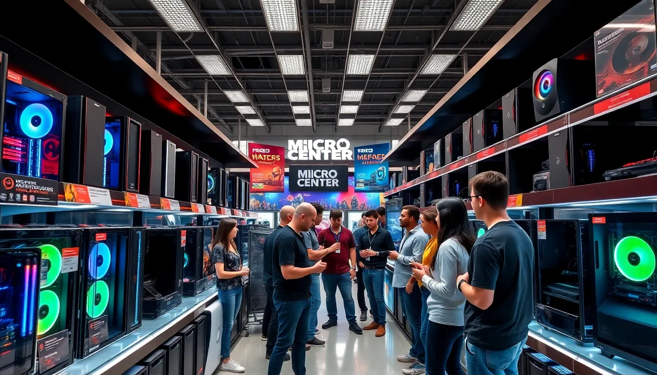 diverse customers exploring gaming PCs in a Micro Center store.