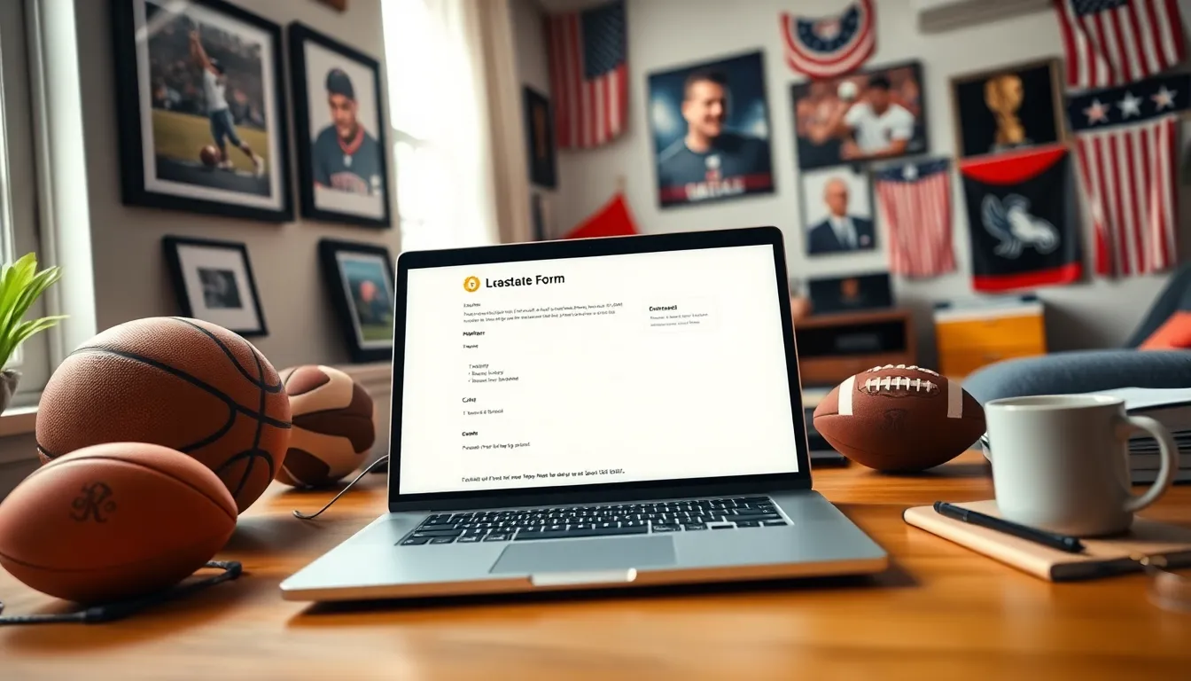 a laptop showing the Latest Sports Buzz contact form with sports memorabilia around.