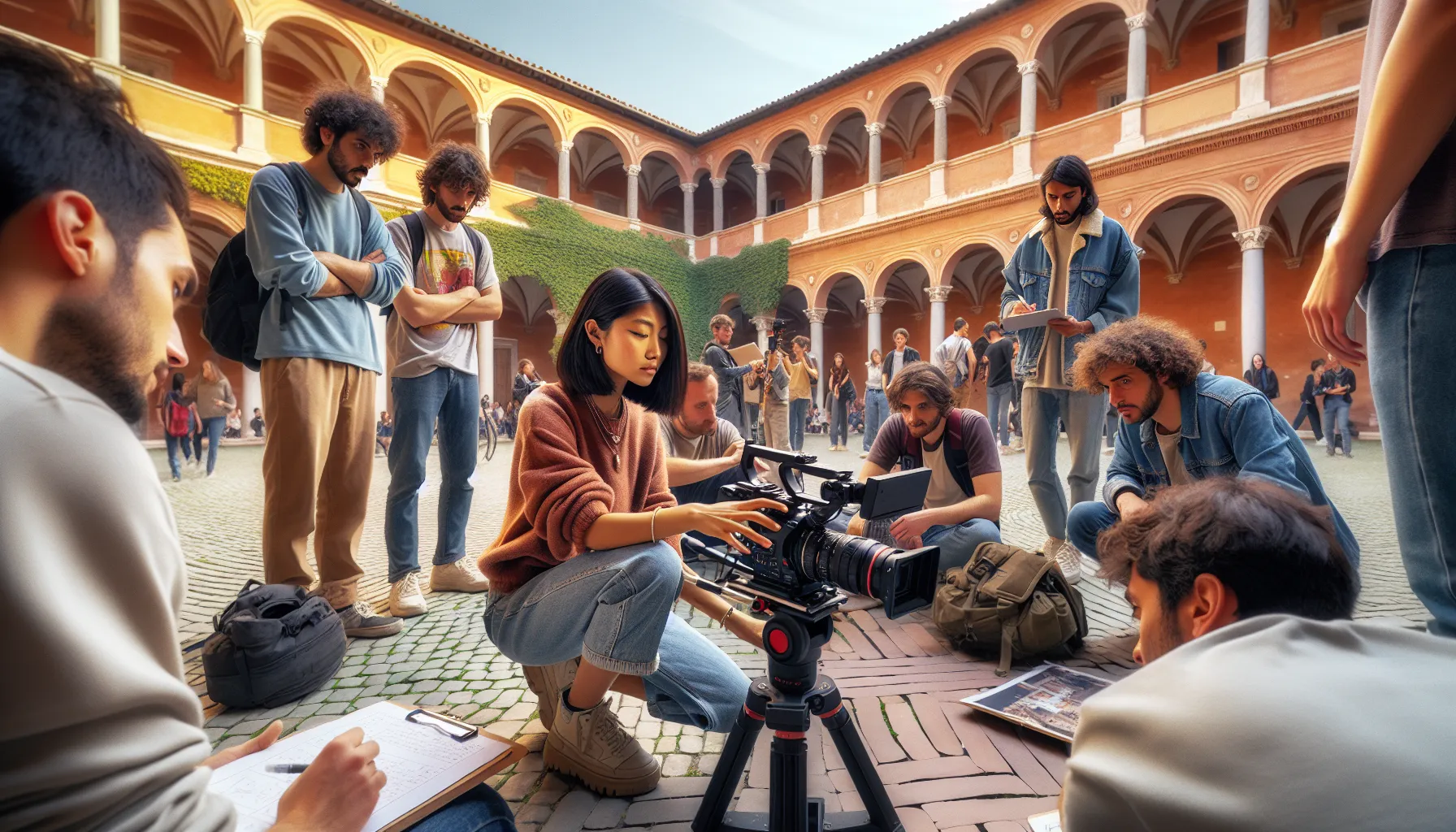 Film students shooting a scene in a Roman university courtyard.