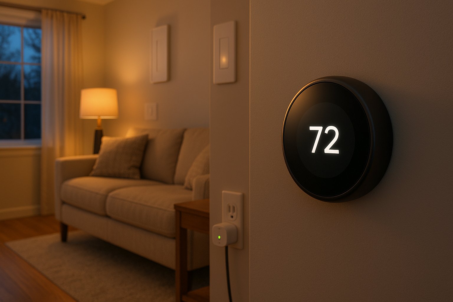Modern living room with Google Nest thermostat, smart lighting, and Lutron switch at evening. Best smart home devices one can ever buy
