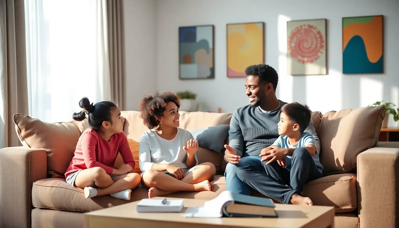 diverse family having an engaging conversation in a cozy living room.